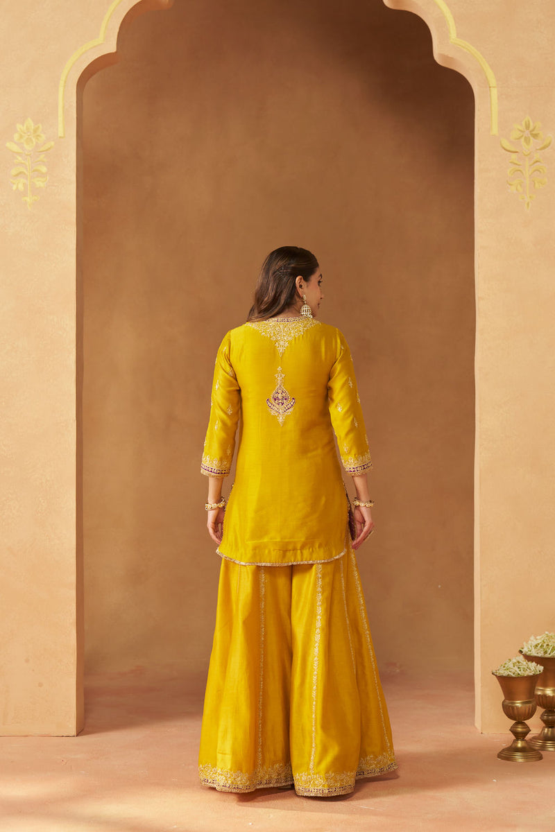 Fadiya Mustard Kurta with Sharara and Dupatta silk chanderi kurta/kurta set by SHEETAL BATRA in mustard for women in Singapore