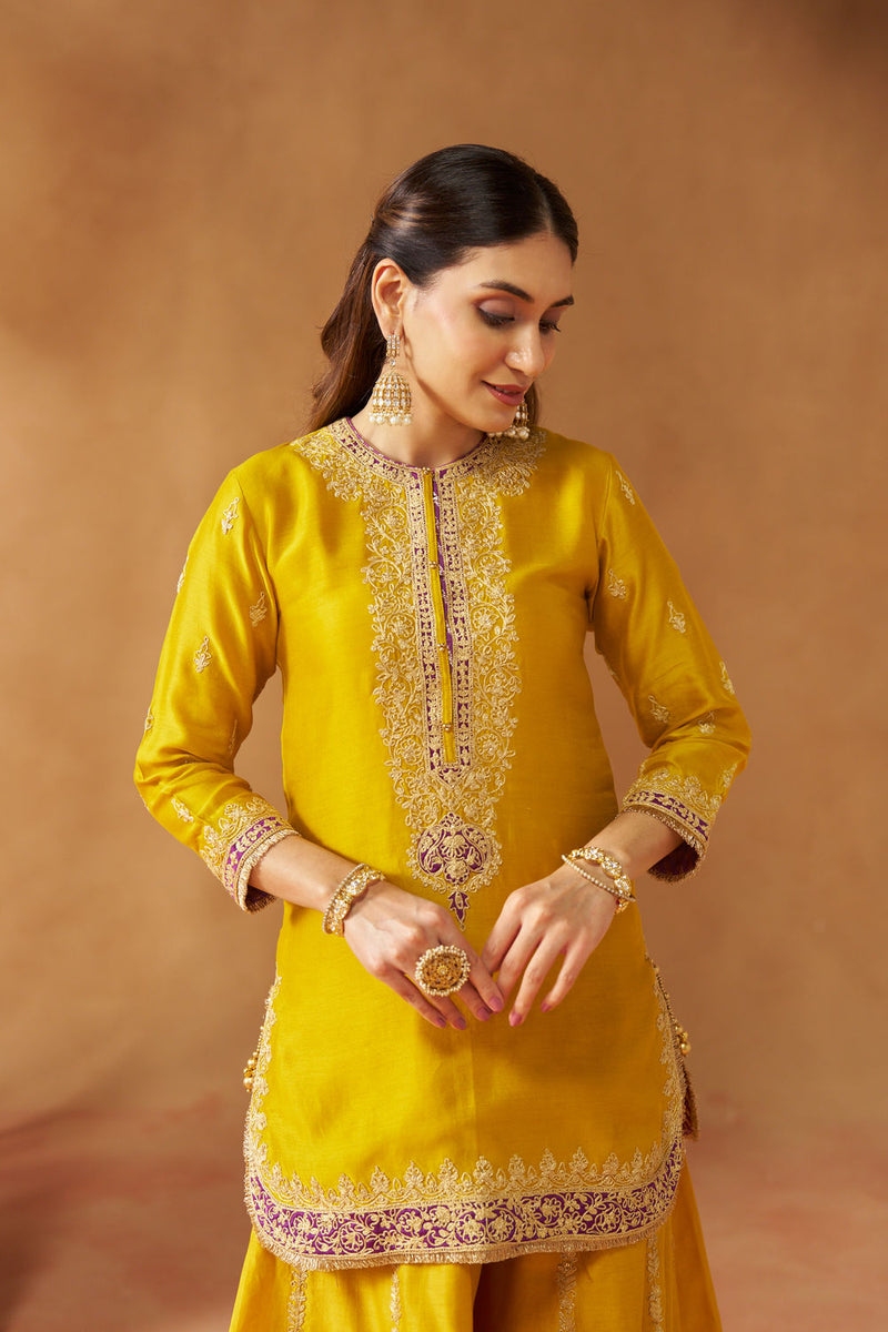 Fadiya Mustard Kurta with Sharara and Dupatta silk chanderi kurta/kurta set by SHEETAL BATRA in mustard for women in Singapore