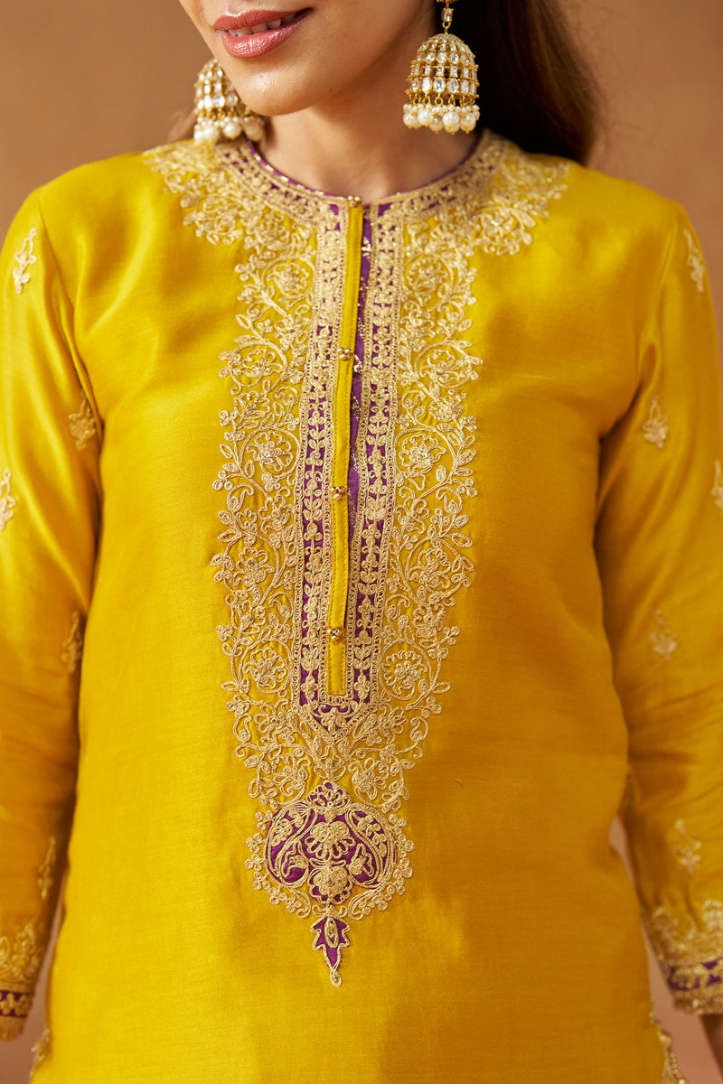 Fadiya Mustard Kurta with Sharara and Dupatta silk chanderi kurta/kurta set by SHEETAL BATRA in mustard for women in Singapore