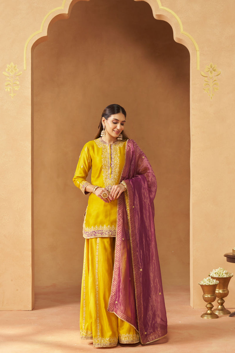 Fadiya Mustard Kurta with Sharara and Dupatta silk chanderi kurta/kurta set by SHEETAL BATRA in mustard for women in Singapore