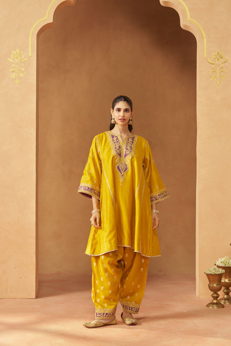 Maahgul Mustard Kalidaar Chauga with Salwar with Dupatta silk chanderi kurta/kurta set by SHEETAL BATRA in mustard for women in Singapore