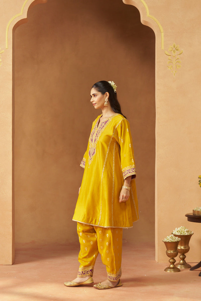 Maahgul Mustard Kalidaar Chauga with Salwar with Dupatta silk chanderi kurta/kurta set by SHEETAL BATRA in mustard for women in Singapore