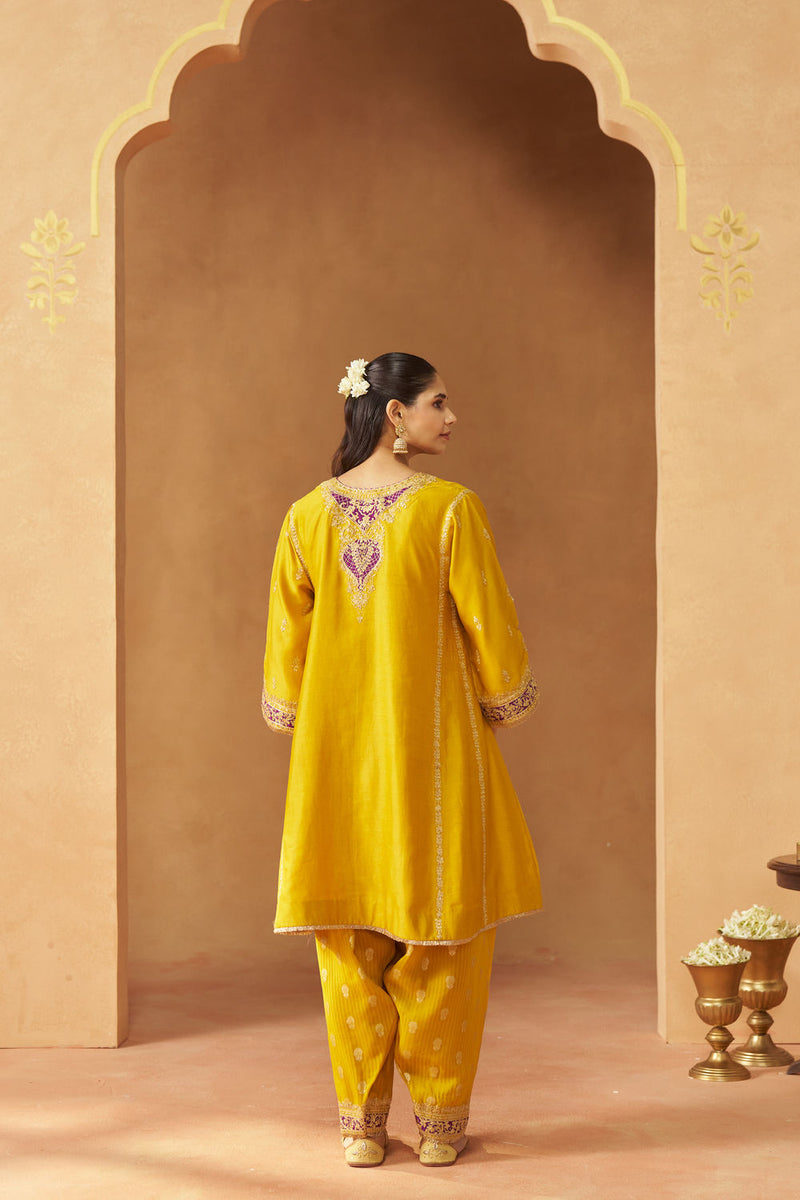 Maahgul Mustard Kalidaar Chauga with Salwar with Dupatta silk chanderi kurta/kurta set by SHEETAL BATRA in mustard for women in Singapore