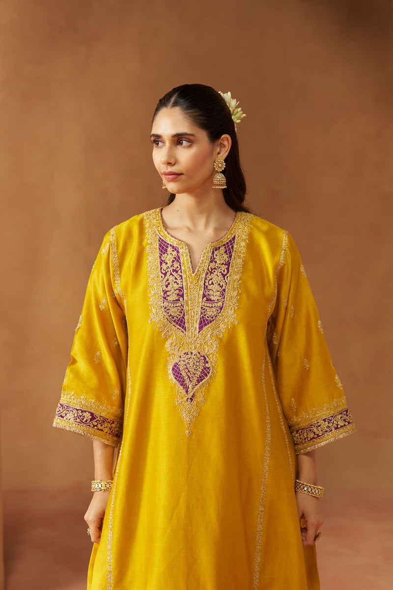 Maahgul Mustard Kalidaar Chauga with Salwar with Dupatta silk chanderi kurta/kurta set by SHEETAL BATRA in mustard for women in Singapore