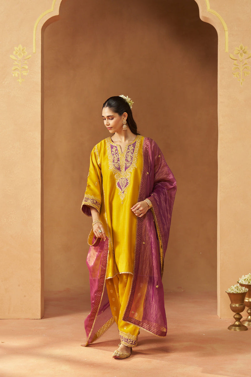 Maahgul Mustard Kalidaar Chauga with Salwar with Dupatta silk chanderi kurta/kurta set by SHEETAL BATRA in mustard for women in Singapore