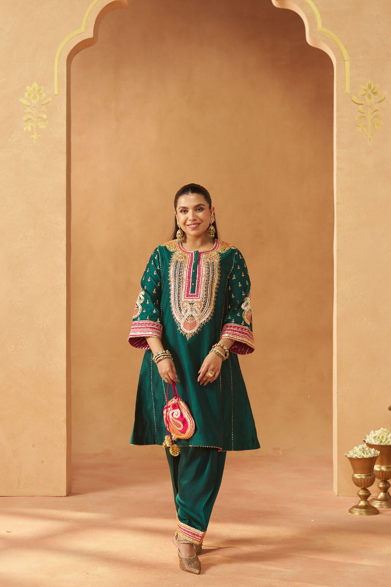 Riva emerald green chauga with salwar silk chanderi kurta/kurta set by SHEETAL BATRA in green for women in Singapore