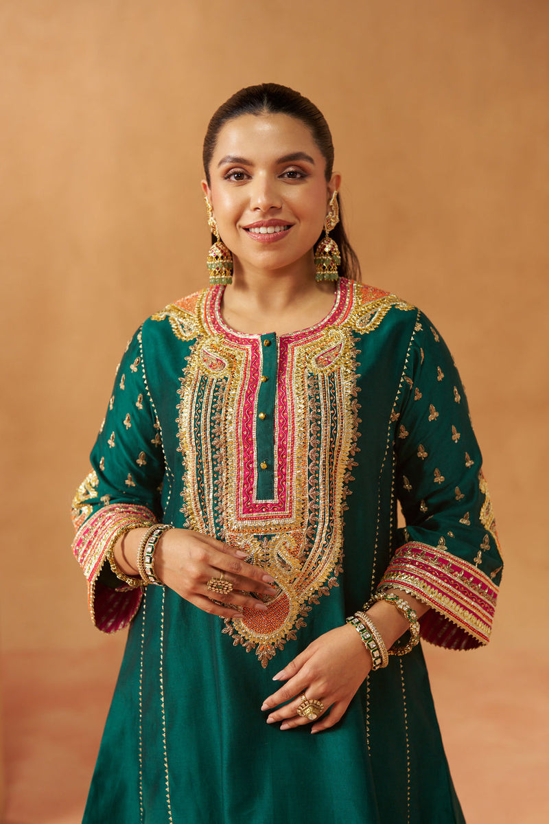 Riva emerald green chauga with salwar silk chanderi kurta/kurta set by SHEETAL BATRA in green for women in Singapore