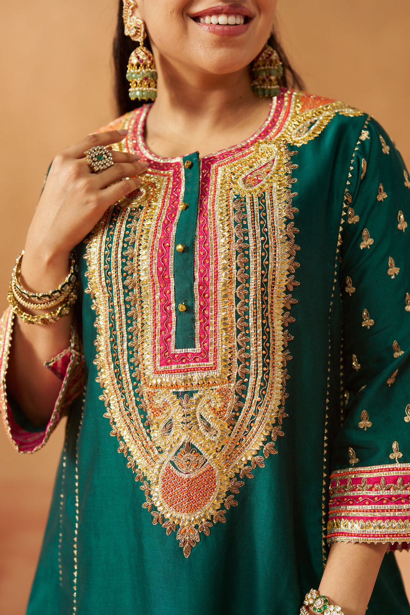 Riva emerald green chauga with salwar silk chanderi kurta/kurta set by SHEETAL BATRA in green for women in Singapore
