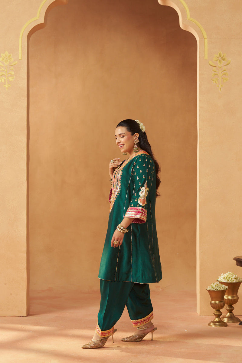 Riva emerald green chauga with salwar silk chanderi kurta/kurta set by SHEETAL BATRA in green for women in Singapore