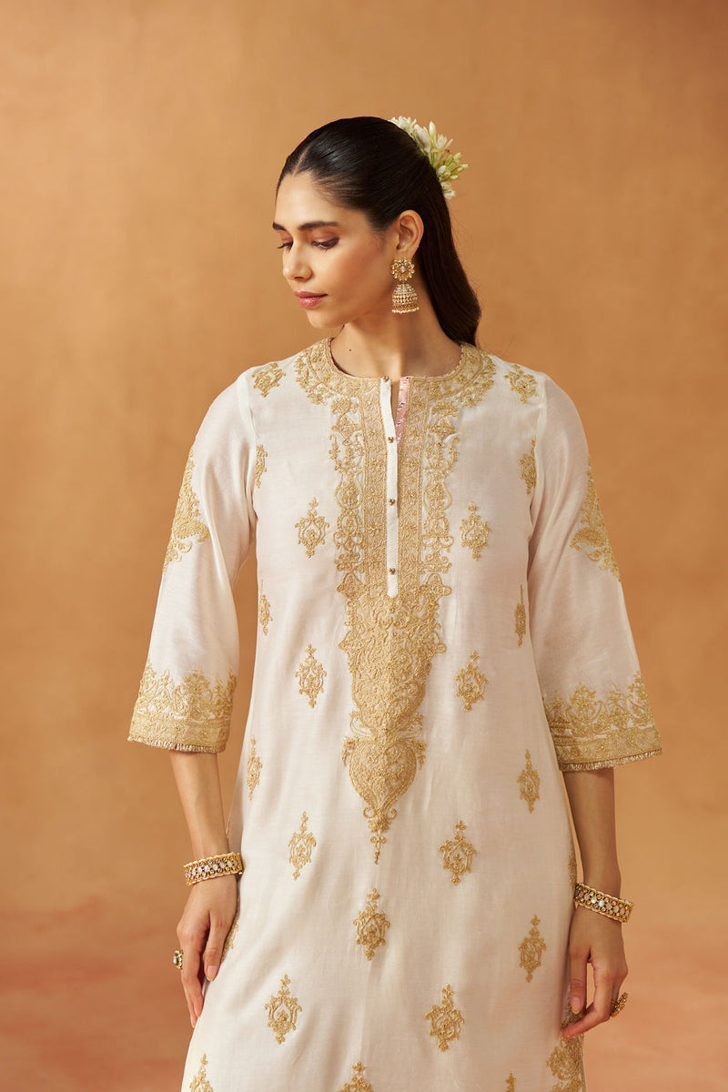 Mubina Daisy Ivory Kurta with Salwar and Dupatta silk chanderi kurta/kurta set by SHEETAL BATRA in ivory for women in Singapore