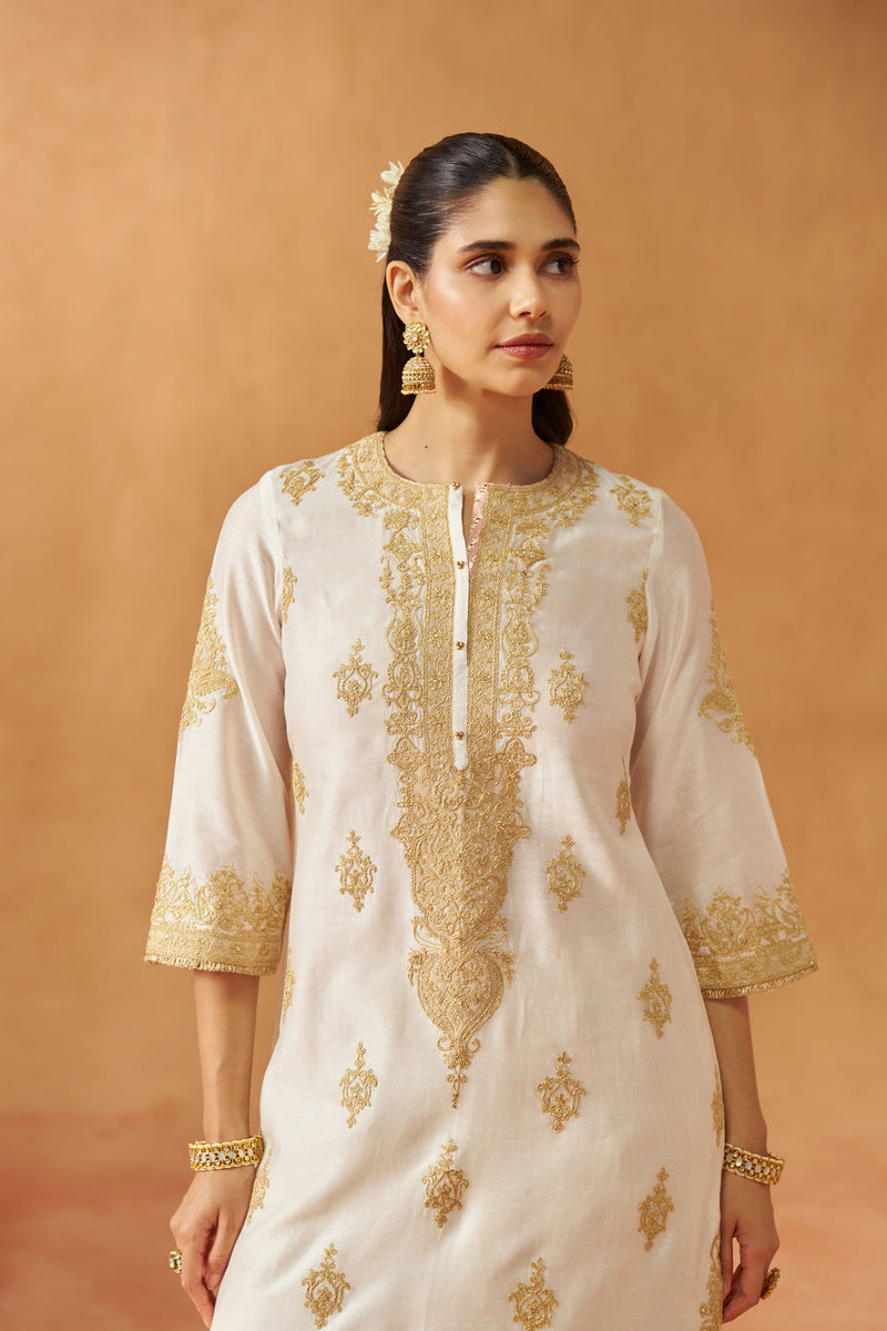Mubina Daisy Ivory Kurta with Salwar and Dupatta silk chanderi kurta/kurta set by SHEETAL BATRA in ivory for women in Singapore