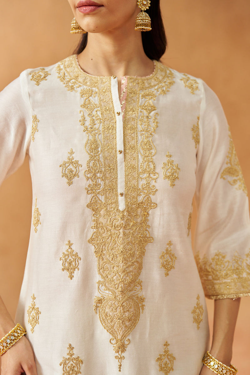 Mubina Daisy Ivory Kurta with Salwar and Dupatta silk chanderi kurta/kurta set by SHEETAL BATRA in ivory for women in Singapore