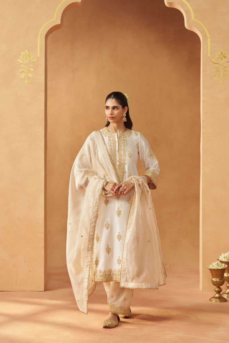 Mubina Daisy Ivory Kurta with Salwar and Dupatta silk chanderi kurta/kurta set by SHEETAL BATRA in ivory for women in Singapore