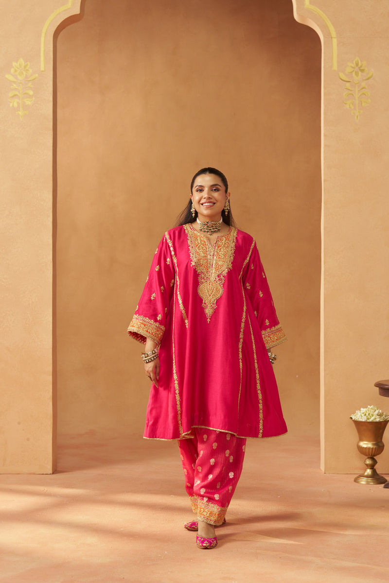 Maahgul Hotpink Kalidaar Chauga with Salwar with Dupatta silk chanderi kurta/kurta set by SHEETAL BATRA in pink for women in Singapore