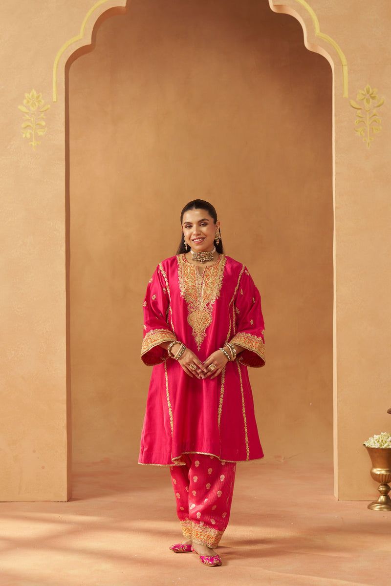 Maahgul Hotpink Kalidaar Chauga with Salwar with Dupatta silk chanderi kurta/kurta set by SHEETAL BATRA in pink for women in Singapore