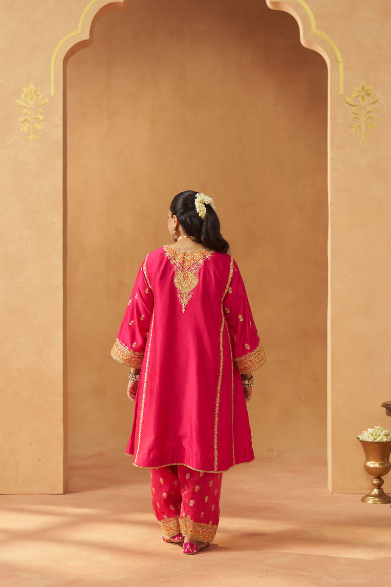 Maahgul Hotpink Kalidaar Chauga with Salwar with Dupatta silk chanderi kurta/kurta set by SHEETAL BATRA in pink for women in Singapore