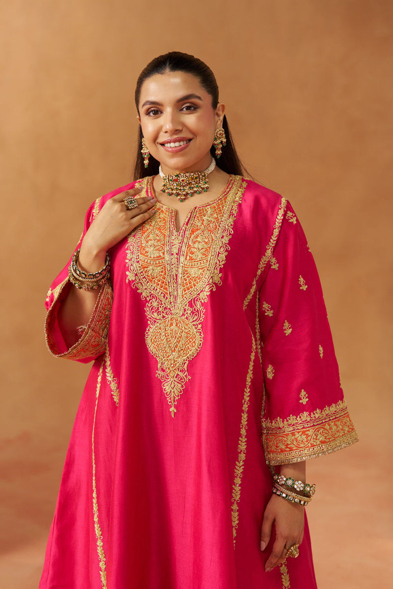 Maahgul Hotpink Kalidaar Chauga with Salwar with Dupatta silk chanderi kurta/kurta set by SHEETAL BATRA in pink for women in Singapore