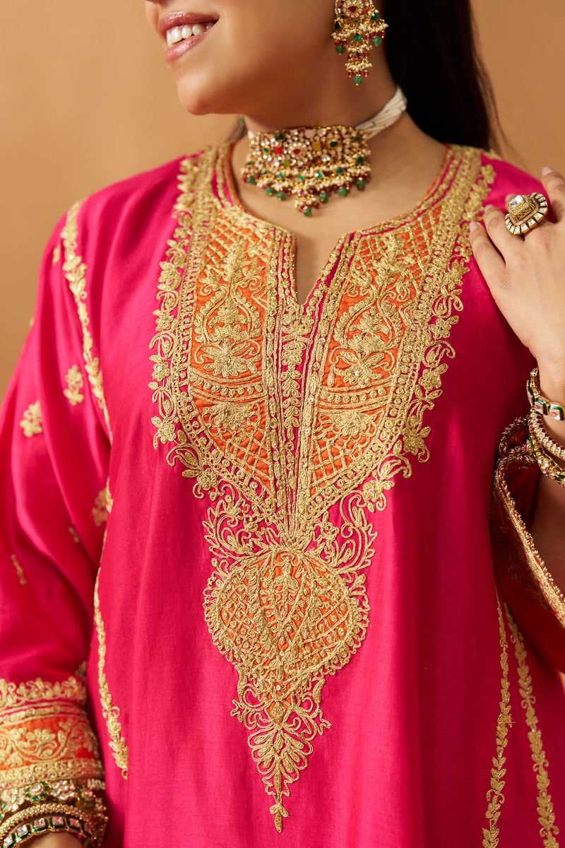 Maahgul Hotpink Kalidaar Chauga with Salwar with Dupatta silk chanderi kurta/kurta set by SHEETAL BATRA in pink for women in Singapore