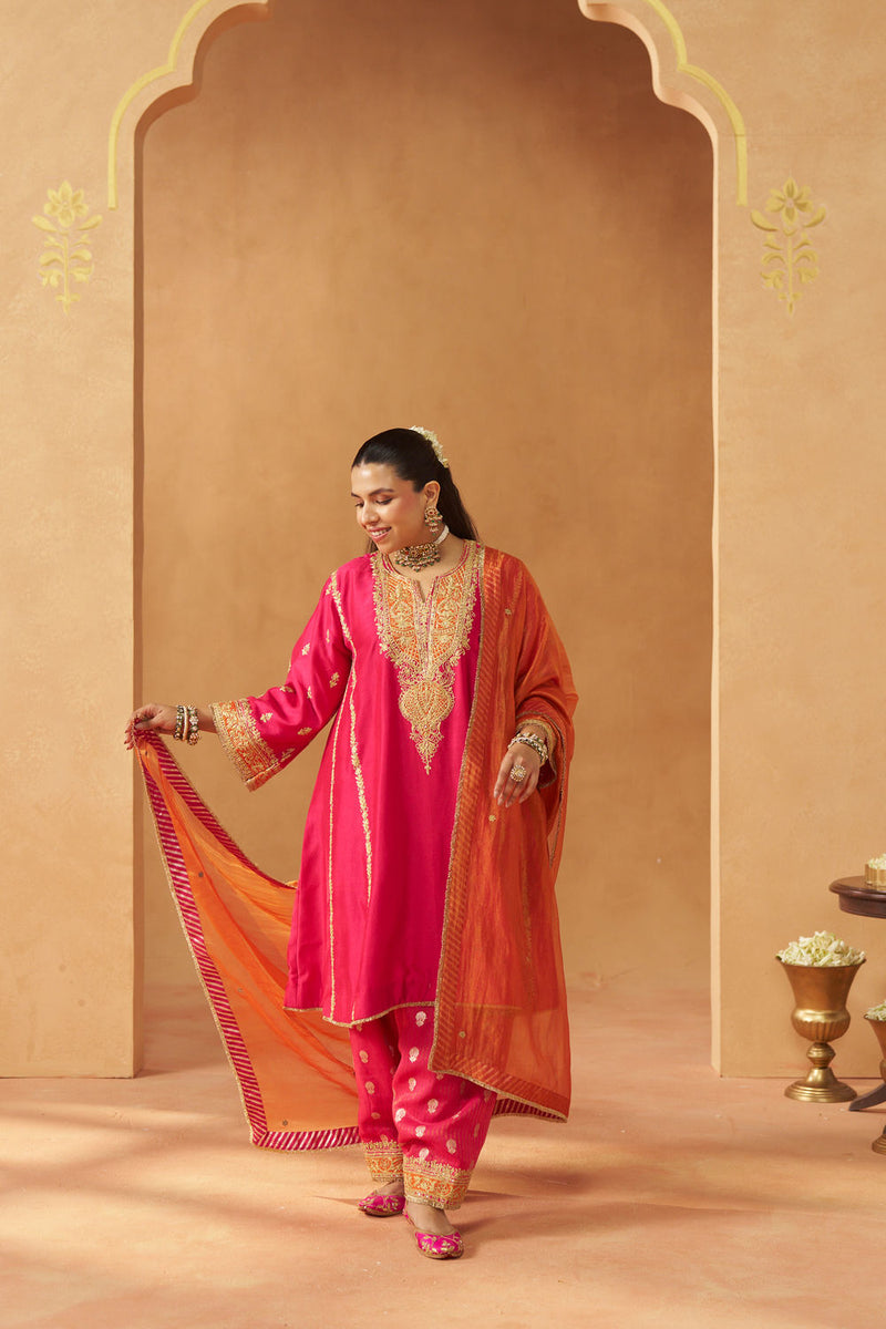Maahgul Hotpink Kalidaar Chauga with Salwar with Dupatta silk chanderi kurta/kurta set by SHEETAL BATRA in pink for women in Singapore