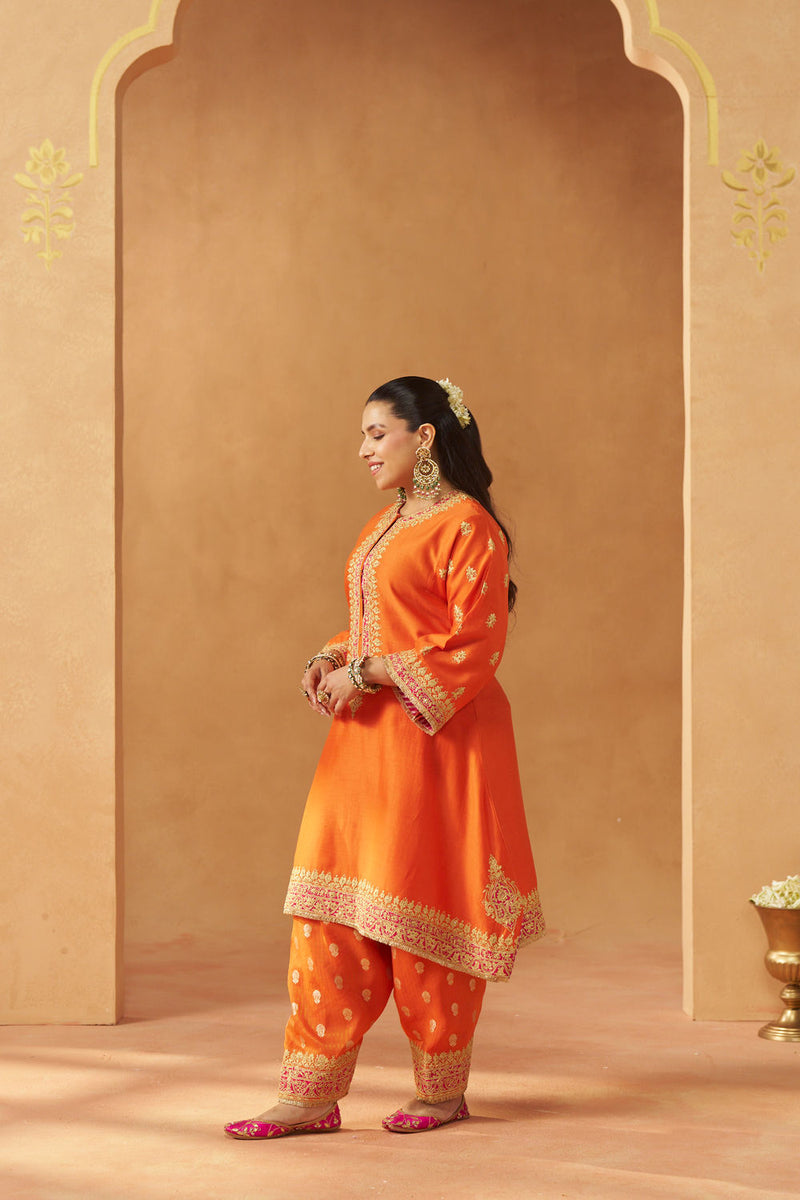 Zeenal Burnt Orange A-Line Kaaftan with Salwar with Dupatta silk chanderi kurta/kurta set by SHEETAL BATRA in orange for women in Singapore