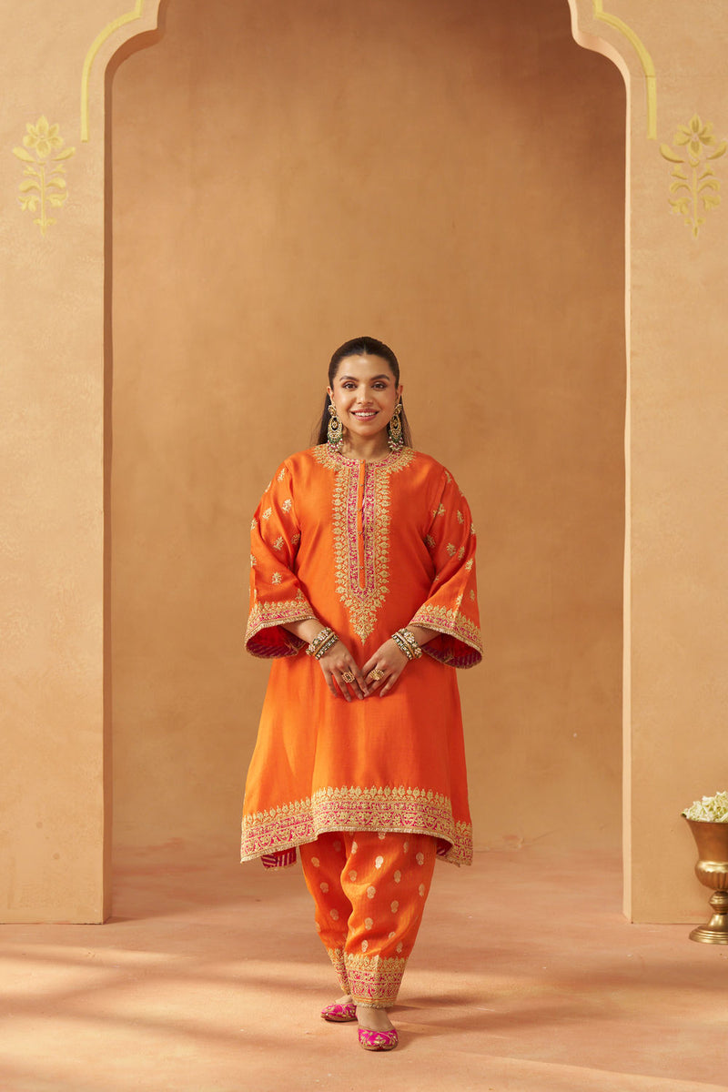 Zeenal Burnt Orange A-Line Kaaftan with Salwar with Dupatta silk chanderi kurta/kurta set by SHEETAL BATRA in orange for women in Singapore