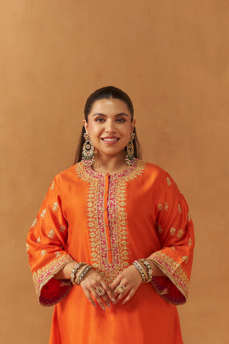 Zeenal Burnt Orange A-Line Kaaftan with Salwar with Dupatta silk chanderi kurta/kurta set by SHEETAL BATRA in orange for women in Singapore