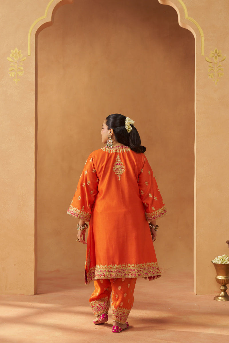 Zeenal Burnt Orange A-Line Kaaftan with Salwar with Dupatta silk chanderi kurta/kurta set by SHEETAL BATRA in orange for women in Singapore