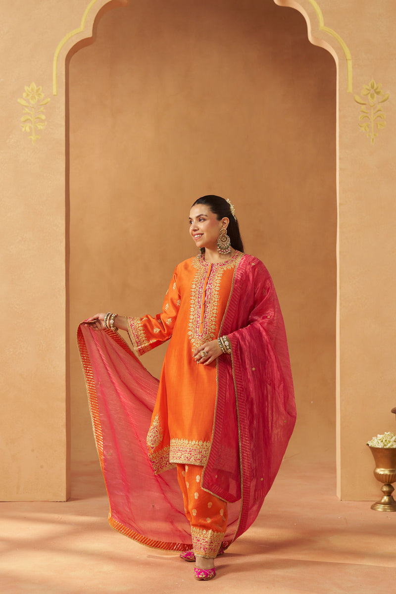 Zeenal Burnt Orange A-Line Kaaftan with Salwar with Dupatta silk chanderi kurta/kurta set by SHEETAL BATRA in orange for women in Singapore