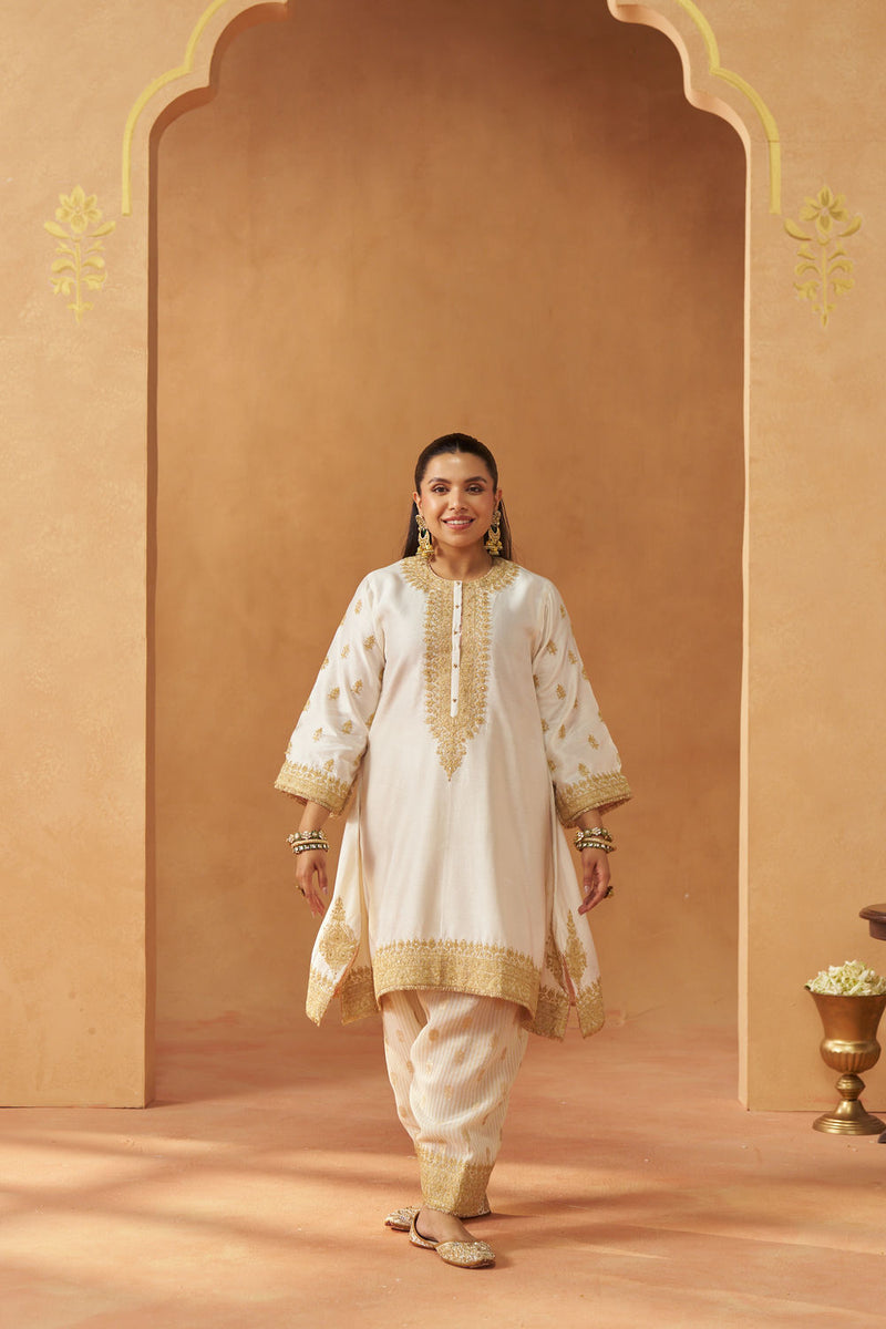 Zeenal Daisy Ivory A-Line Kaaftan with Salwar with Dupatta silk chanderi kurta/kurta set by SHEETAL BATRA in ivory for women in Singapore
