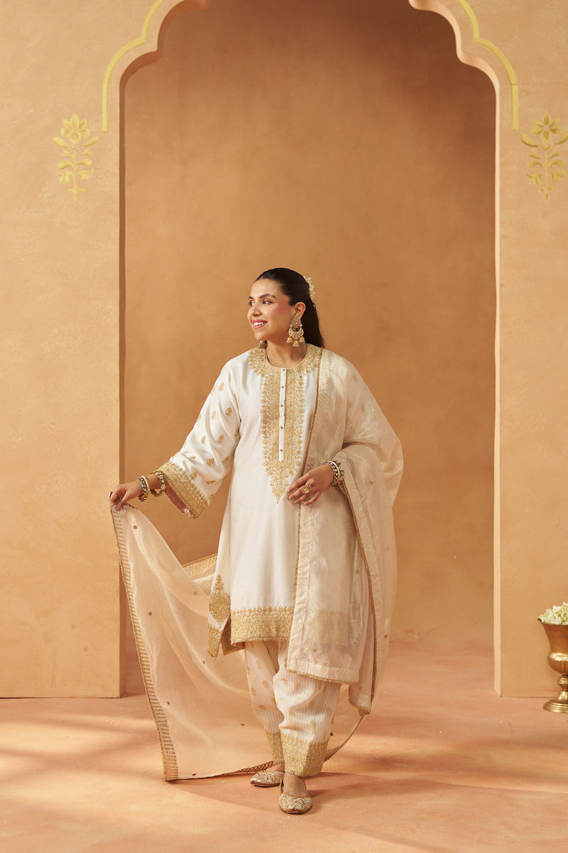 Zeenal Daisy Ivory A-Line Kaaftan with Salwar with Dupatta silk chanderi kurta/kurta set by SHEETAL BATRA in ivory for women in Singapore