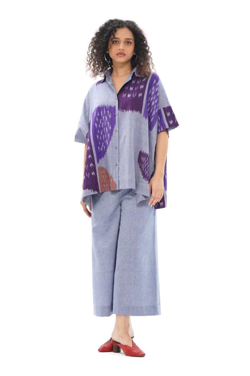 SHOBU BOXY SHIRT 100% cotton by Translate - Handwoven Ikat in purple color for women in Singapore
