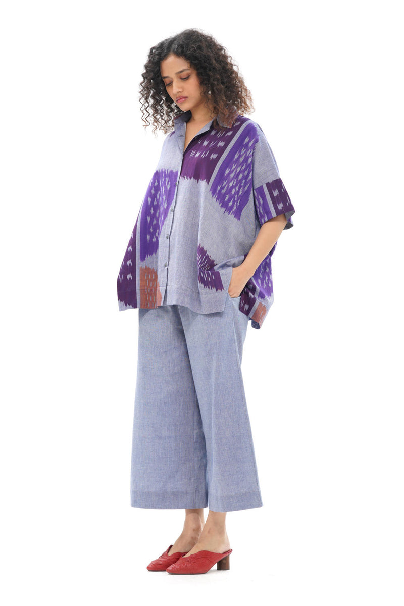 SHOBU BOXY SHIRT 100% cotton by Translate - Handwoven Ikat in purple color for women in Singapore