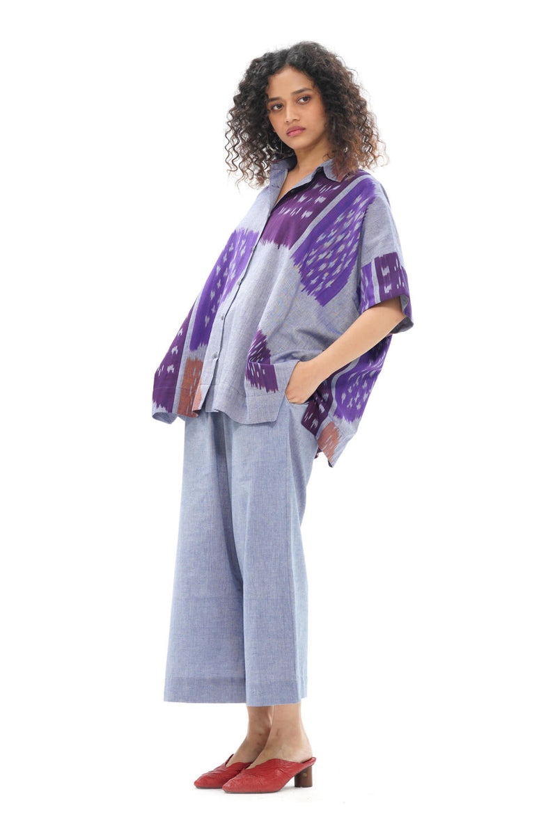 SHOBU BOXY SHIRT 100% cotton by Translate - Handwoven Ikat in purple color for women in Singapore