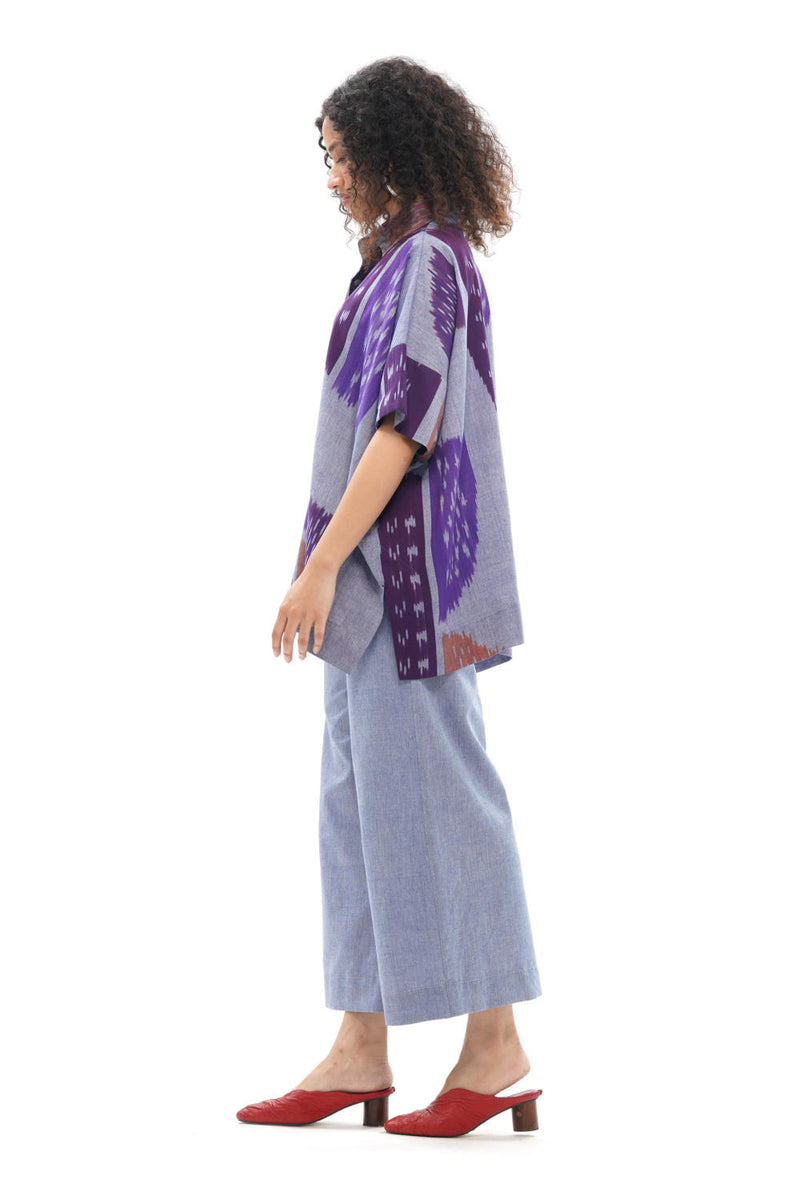 SHOBU BOXY SHIRT 100% cotton by Translate - Handwoven Ikat in purple color for women in Singapore