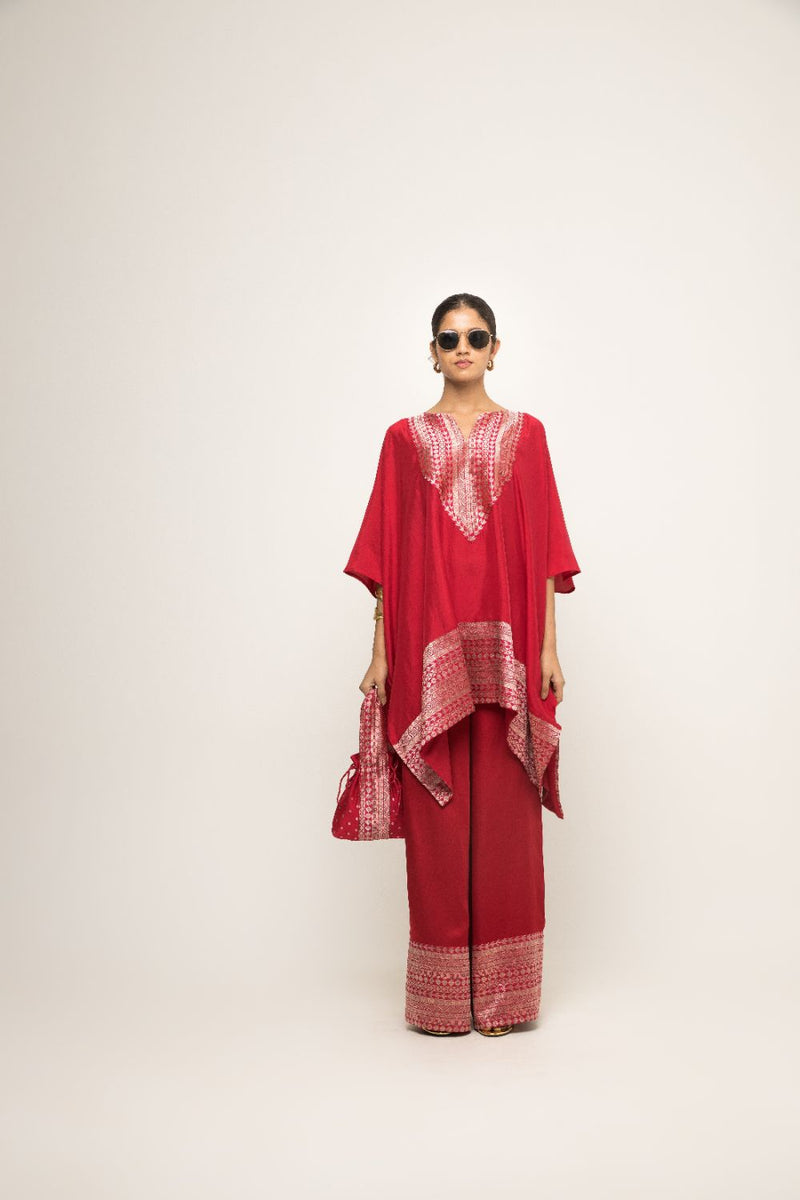 Triya-Asymmetrical Banarasi Silk Kurta & Pants Set - Red