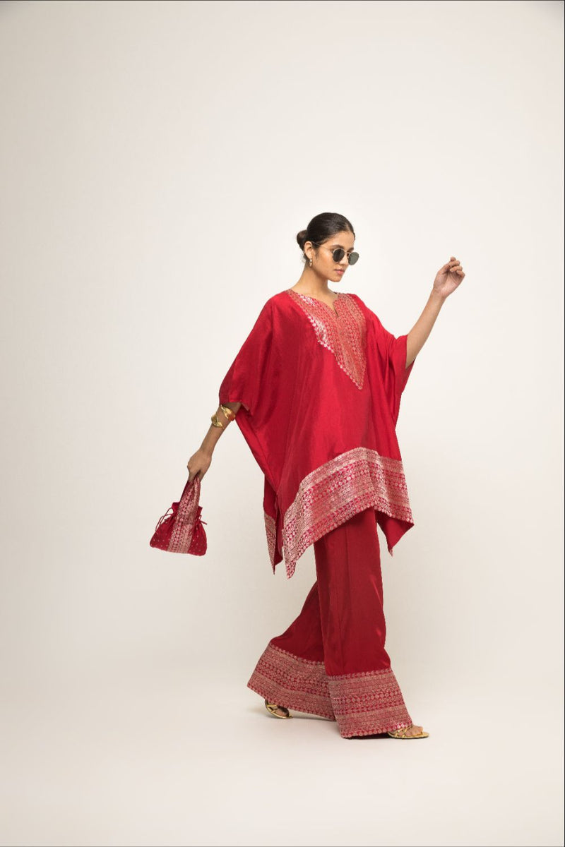 Triya-Asymmetrical Banarasi Silk Kurta & Pants Set - Red