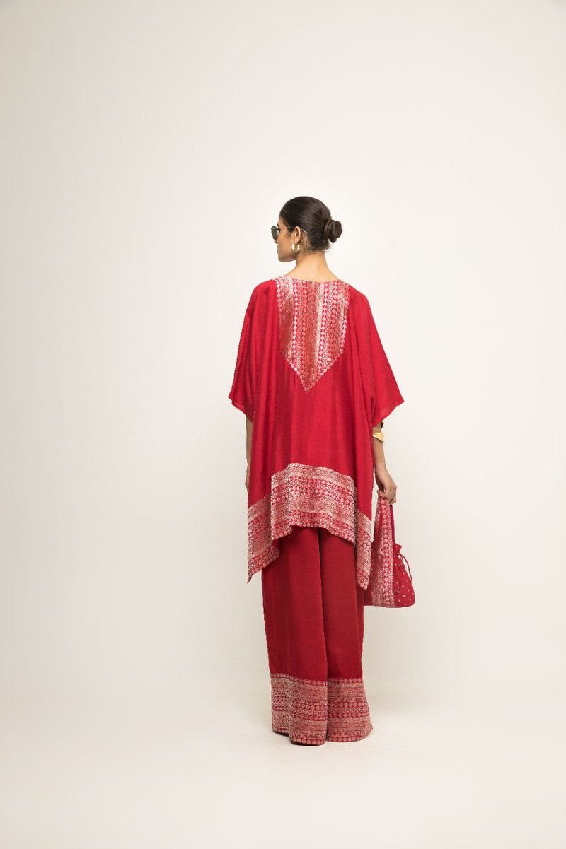 Triya-Asymmetrical Banarasi Silk Kurta & Pants Set - Red