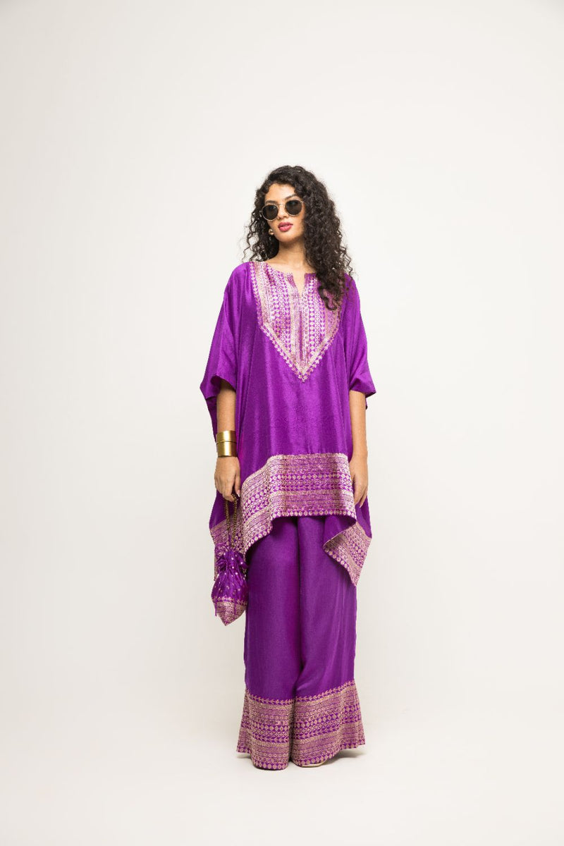 Triya-Asymmetrical Banarasi Silk Kurta & Pants Set - Purple