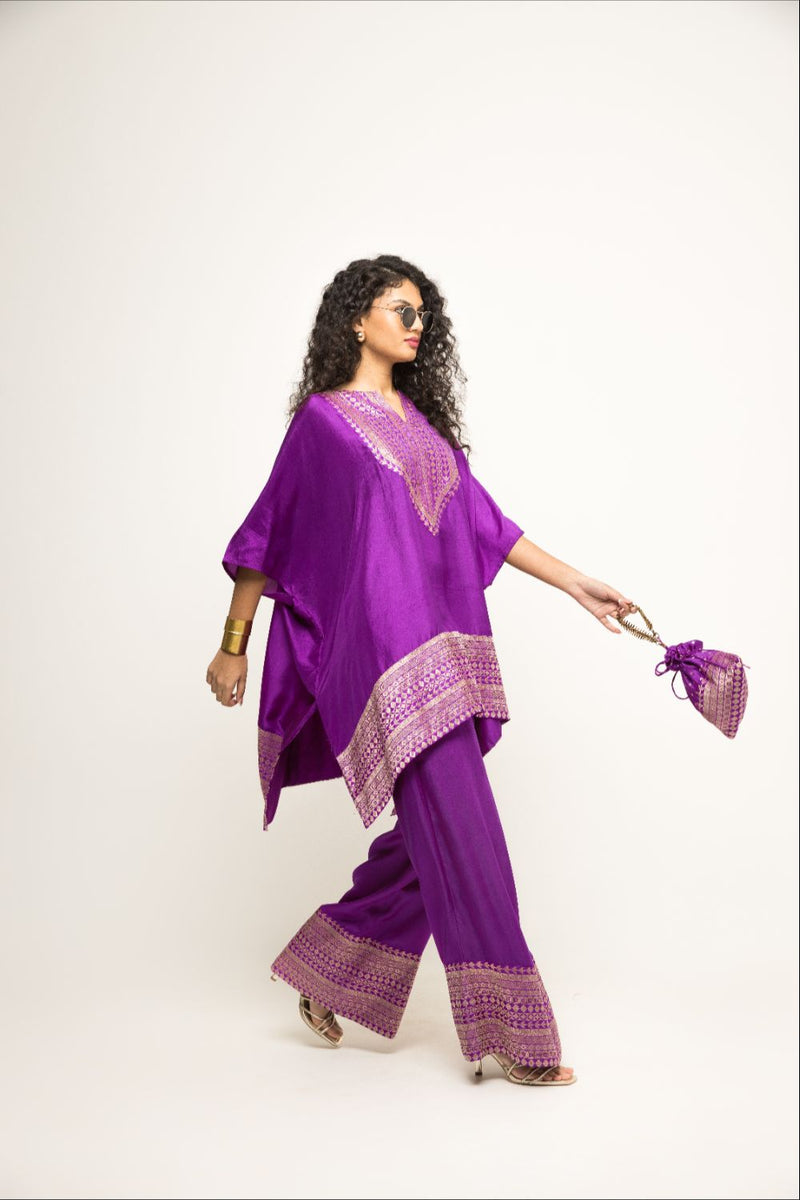 Triya-Asymmetrical Banarasi Silk Kurta & Pants Set - Purple
