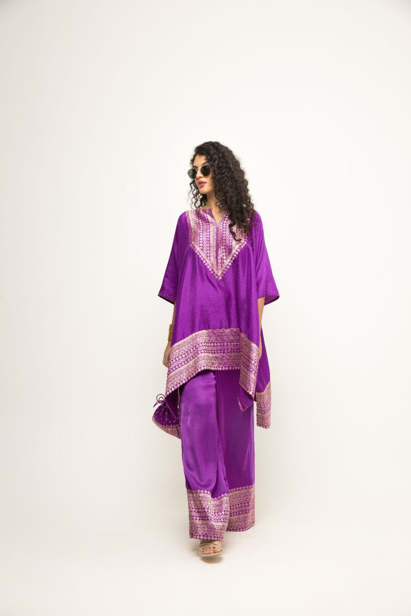 Triya-Asymmetrical Banarasi Silk Kurta & Pants Set - Purple
