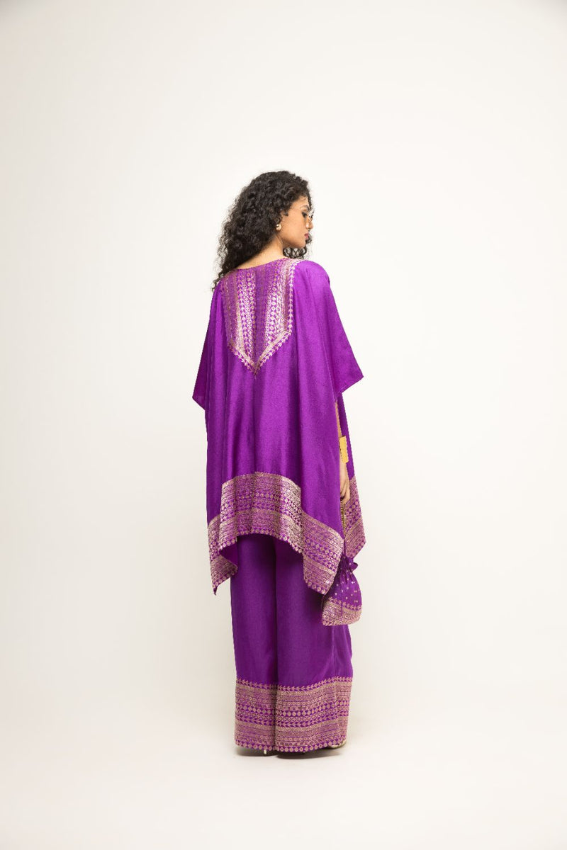 Triya-Asymmetrical Banarasi Silk Kurta & Pants Set - Purple
