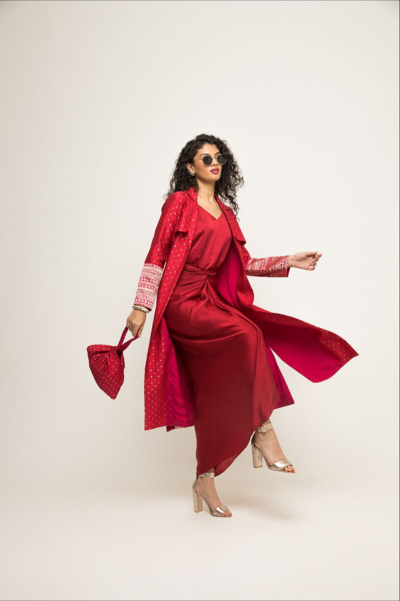 Alaya- Brocade Trench Jacket Paired With Matching Twist Dress - Red