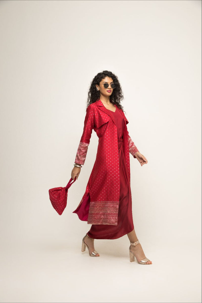 Alaya- Brocade Trench Jacket Paired With Matching Twist Dress - Red