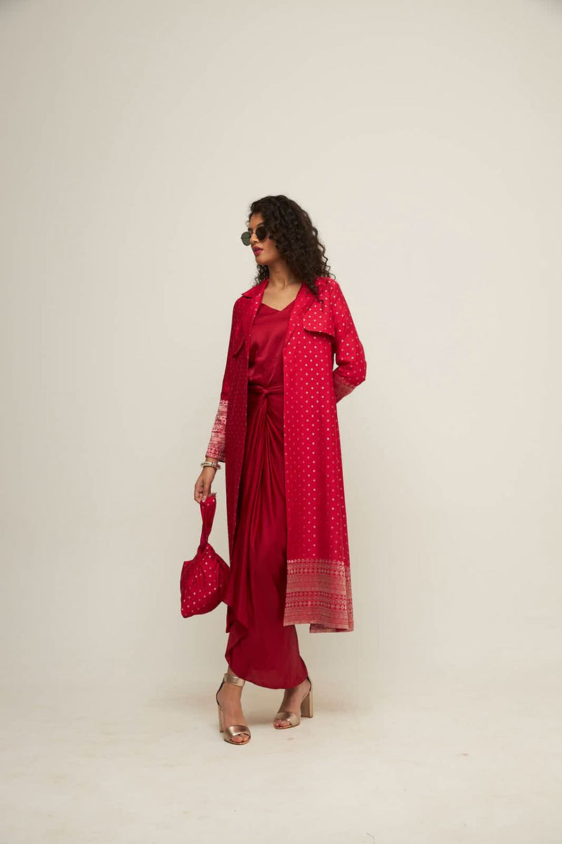 Alaya- Brocade Trench Jacket Paired With Matching Twist Dress - Red