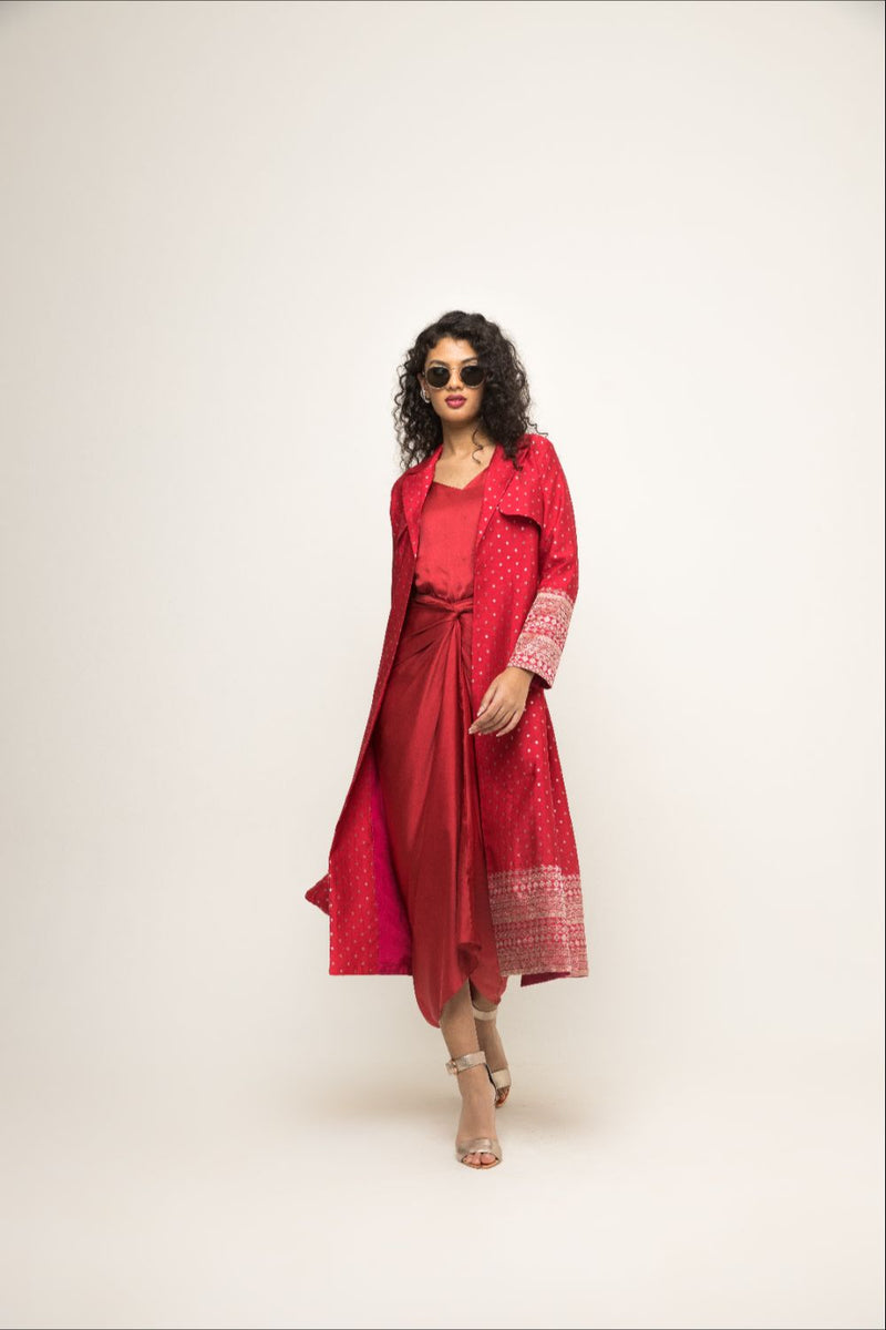 Alaya- Brocade Trench Jacket Paired With Matching Twist Dress - Red