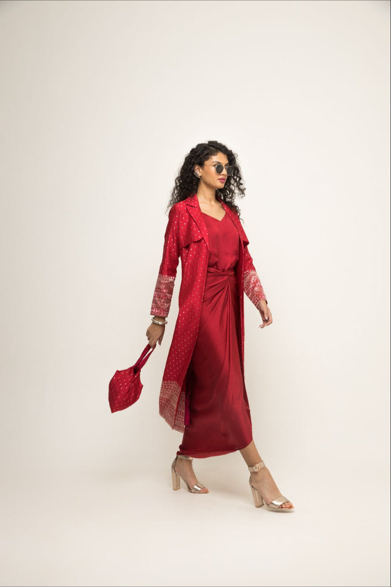 Alaya- Brocade Trench Jacket Paired With Matching Twist Dress - Red