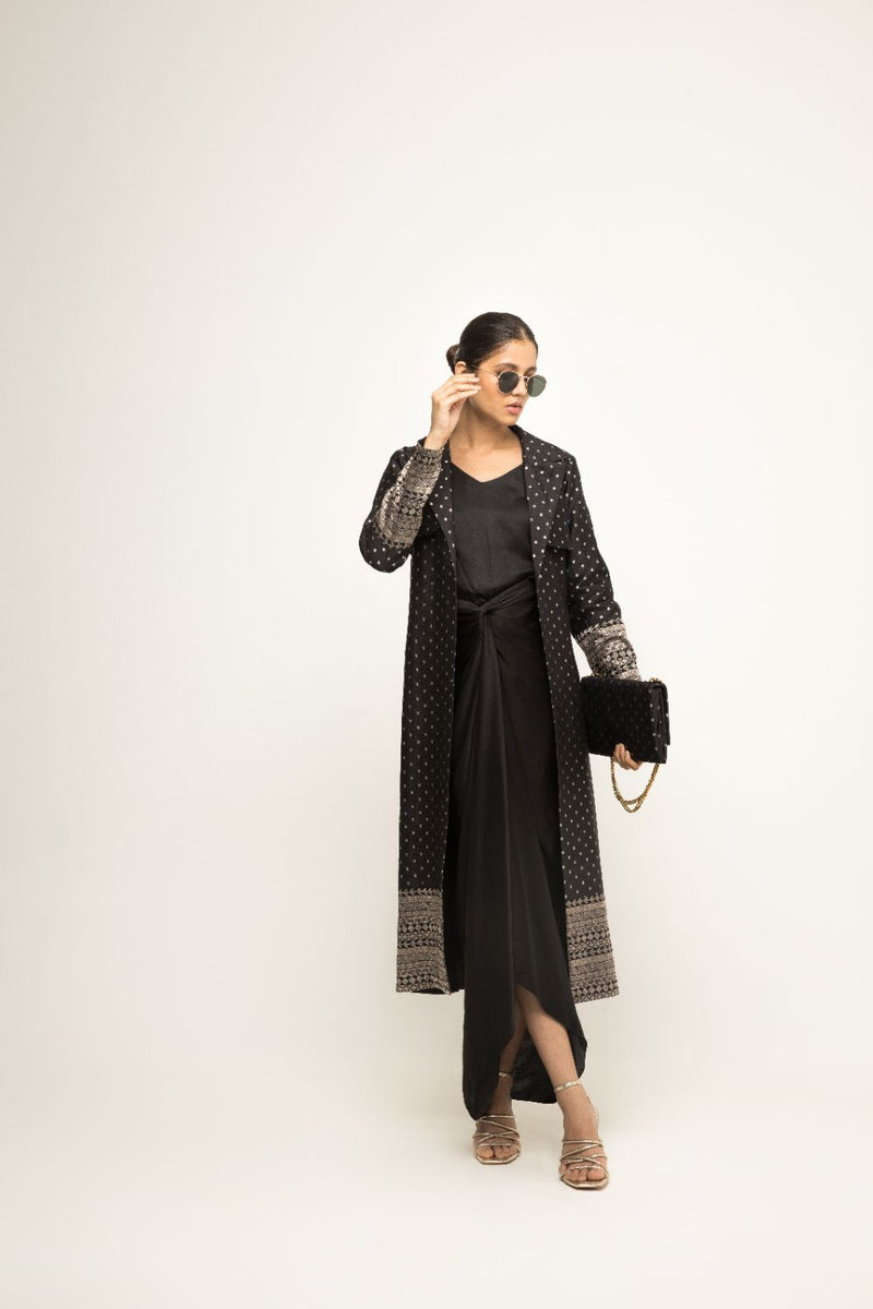 Alaya- Brocade Trench Jacket Paired With Matching Twist Dress - Black
