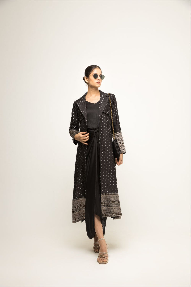 Alaya- Brocade Trench Jacket Paired With Matching Twist Dress - Black