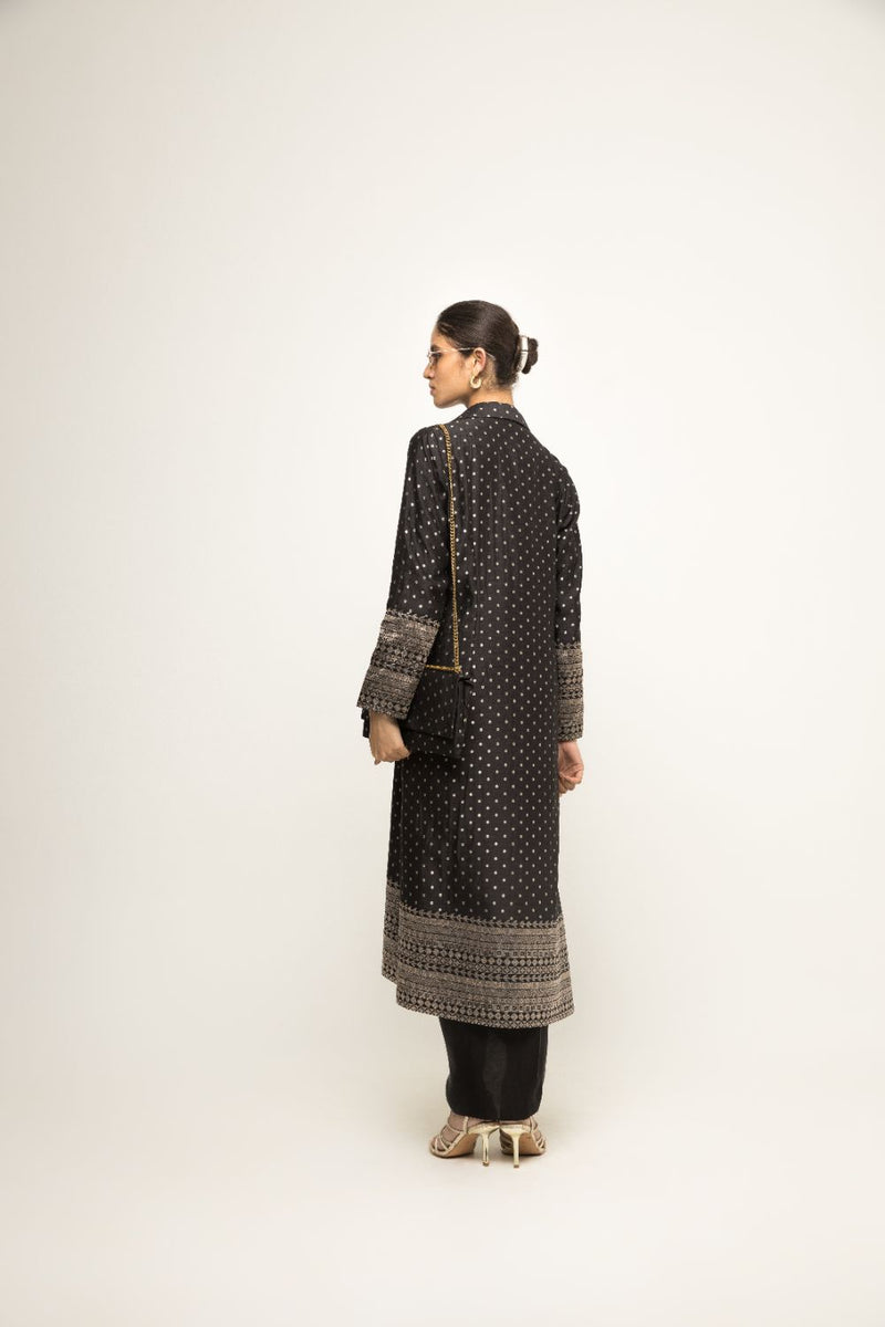 Alaya- Brocade Trench Jacket Paired With Matching Twist Dress - Black