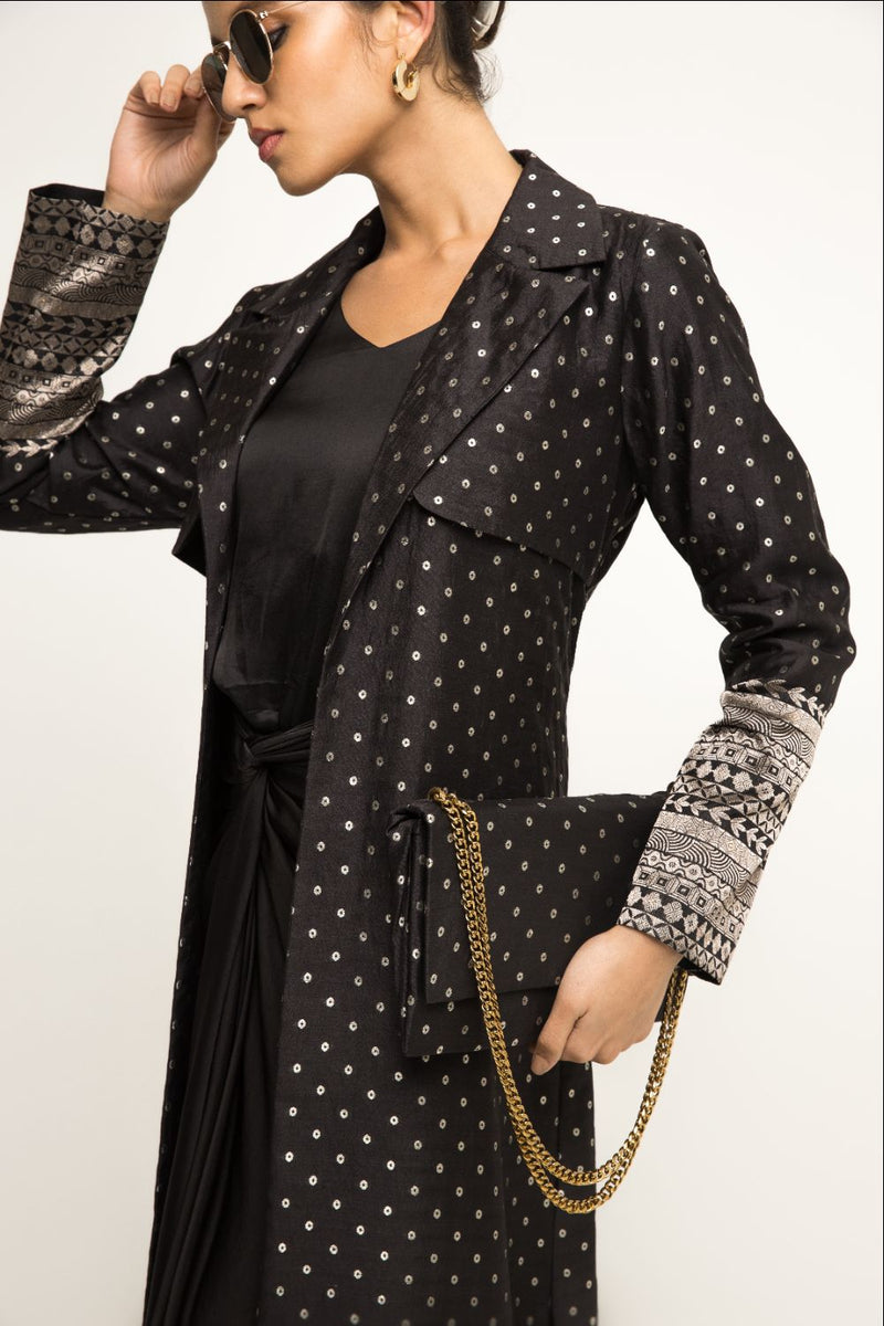 Alaya- Brocade Trench Jacket Paired With Matching Twist Dress - Black